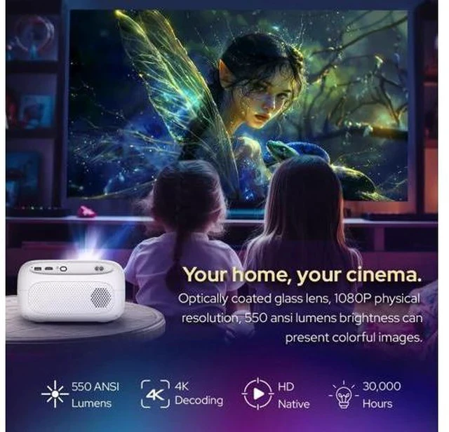 Alt view image 3 of 7 - PJ500 Compact Smart Projector, 40"-130" 1080P HD Screen, 4K Decoding, 550 ANSI Lumens, Auto Focus and Keystone, Wi-Fi 6 & Bluetooth 5.2 Connectivity