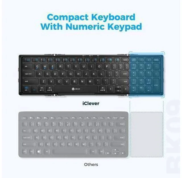 Alt view image 2 of 7 - iClever Foldable Keyboard with Number Pad, BK09 Wireless Portable Keyboard for Travel and Business Trip, USB-C Charging Compact Keyboard for iPad, iPhone Mac Android Windows iOS, Sync up to 3 Devices