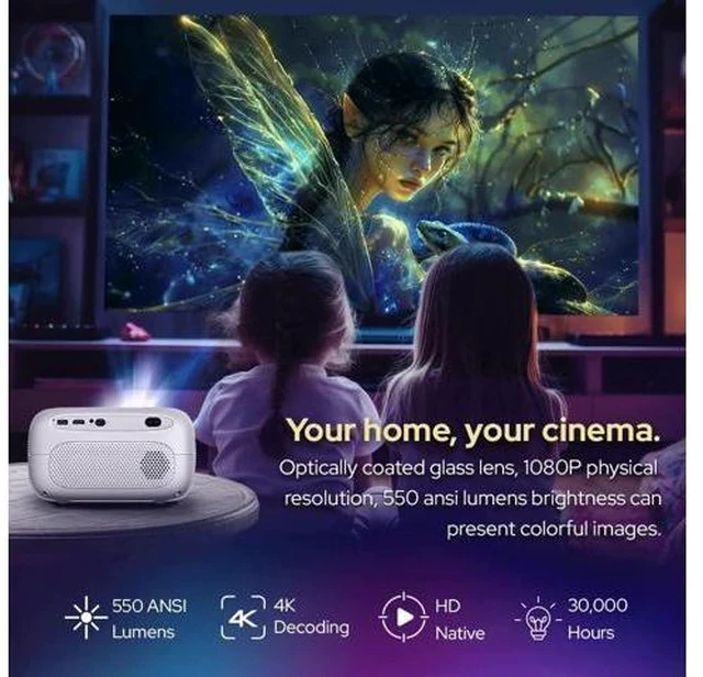 Alt view image 2 of 6 - RockTek PJ500 Bright FHD Sealed Projector, Smart OS, FULL HD, Wifi 6, Bluetooth 5.2, 550 ANSI Lumens, 130 inch screen, Auto Keystone, Auto Focus