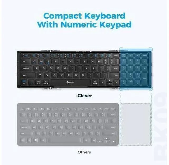 Alt view image 7 of 7 - iClever Foldable Keyboard with Number Pad, BK09 Wireless Portable Keyboard for Travel and Business Trip, USB-C Charging Compact Keyboard for iPad, iPhone Mac Android Windows iOS, Sync up to 3 Devices