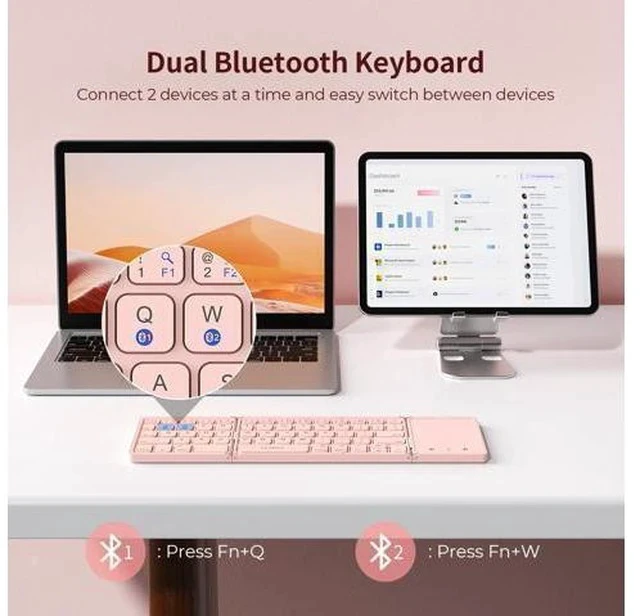 Alt view image 3 of 7 - Foldable Bluetooth Keyboard - Multi-Device Mini Wireless Keyboard with Touchpad, Pocket-Sized Travel Keyboard Compatible with iPad, iPhone, Tablet, Smartphone, iOS, Android, Windows - Pink