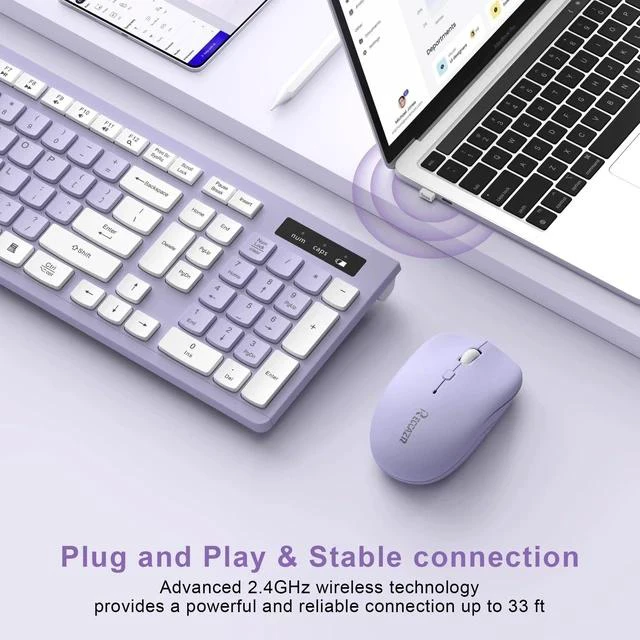 Alt view image 5 of 5 - Wireless Keyboard and Mouse Combo, Full-Sized Wireless Keyboard and Adjustable DPI Mouse, 2.4GHz USB Receiver, Silent Keyboard and Mouse for PC, Windows, MAC, Desktop, Laptop(Purple)