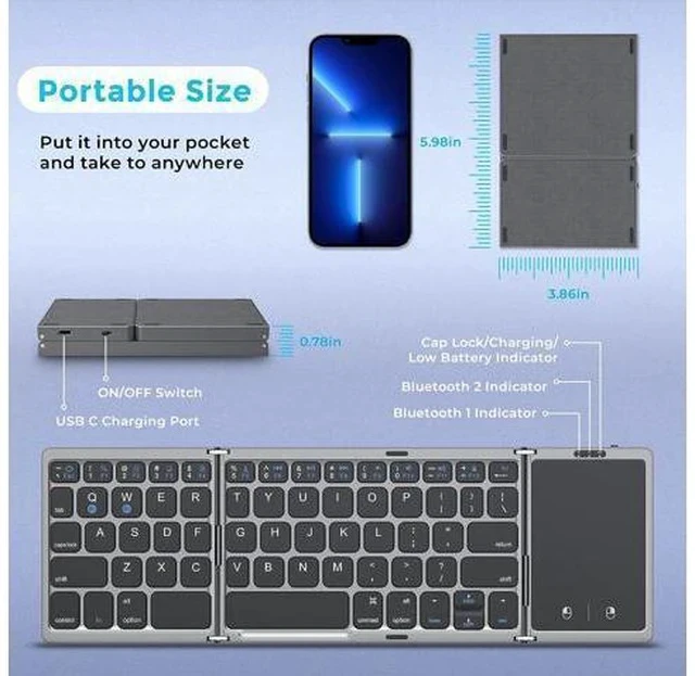 Alt view image 3 of 7 - Foldable Bluetooth Keyboard for Travel Tri-Folding Wireless Portable Keyboard with Touchpad Rechargeable Multi-Device Small Keyboard for Laptop Tablet PC Smartphone Windows iOS Android