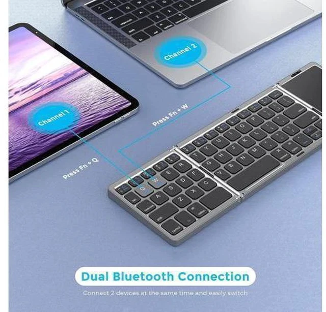 Alt view image 2 of 7 - Foldable Bluetooth Keyboard for Travel Tri-Folding Wireless Portable Keyboard with Touchpad Rechargeable Multi-Device Small Keyboard for Laptop Tablet PC Smartphone Windows iOS Android