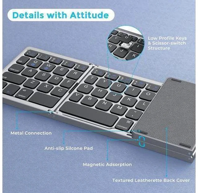 Alt view image 7 of 7 - Foldable Bluetooth Keyboard for Travel Tri-Folding Wireless Portable Keyboard with Touchpad Rechargeable Multi-Device Small Keyboard for Laptop Tablet PC Smartphone Windows iOS Android