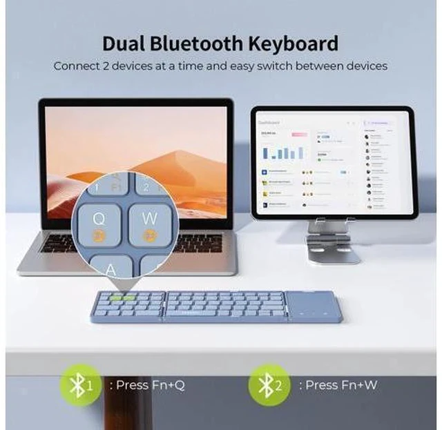 Alt view image 3 of 7 - Foldable Bluetooth Keyboard - Multi-Device Mini Wireless Keyboard with Touchpad, Pocket-Sized Travel Keyboard Compatible with iPad, iPhone, Tablet, Smartphone, iOS, Android, Windows - Blue