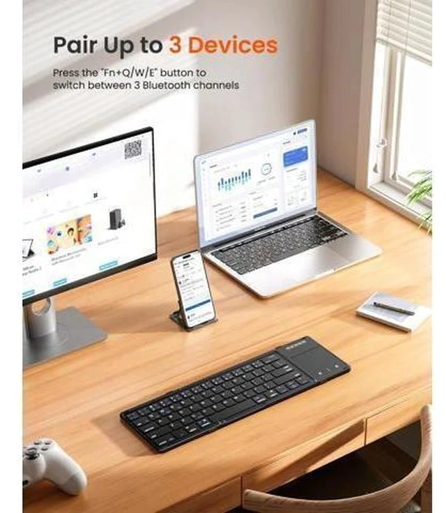 Alt view image 7 of 7 - Foldable Bluetooth Keyboard, Portable Wireless Folding Keyboard with touchpad, Travel Pocket for iOS, Mac OS, Android, Windows Laptop Tablet Smartphone (BT5.1 x 3)