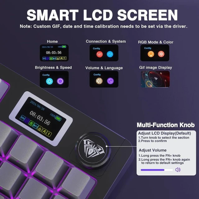 Alt view image 3 of 7 - AULA S98 Pro Wireless Mechanical Keyboard with Screen & Knob,2.4GHz/USB-C/BT5.0 Gasket Hot Swappable Creamy Keyboard,Pre-lubed Linear Switches,Side Printed PBT Keycaps,RGB Backlit Gaming Keyboard