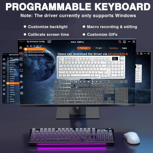 Alt view image 7 of 7 - AULA S98 Pro Wireless Mechanical Keyboard with Screen & Knob,2.4GHz/USB-C/BT5.0 Gasket Hot Swappable Creamy Keyboard,Pre-lubed Linear Switches,Side Printed PBT Keycaps,RGB Backlit Gaming Keyboard