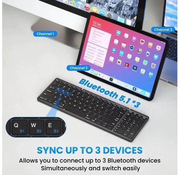 Alt view image 2 of 7 - Folding Bluetooth Keyboard, Sync Up to 3 Devices with Numeric Keypad, Rechargeable Portable Travel Keyboard for Windows iOS Android Tablet Smartphone Laptop, Black (3 Folding keyboard BT5.1 x 3)