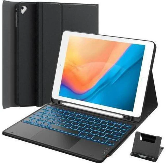 Main image of For iPad 9.7 inch Case with Keyboard, iPad 6th Gen (2018), iPad 5th Gen (2017), iPad Air 2 (2014), 7 Color Backlit, Support 2 BT Devices, Touchpad Keyboard, Black