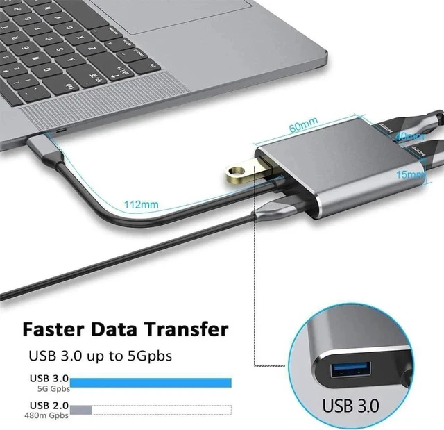 Alt view image 3 of 7 - 4-in-1 Gray USB C Multiport Hub Adapter, USB Type-C to 4K HDMI 1080P VGA USB3.0 PD Charging Dongle, Compatible with MacBook Pro, iPad Pro, PixelBook, Dell XPS Laptops