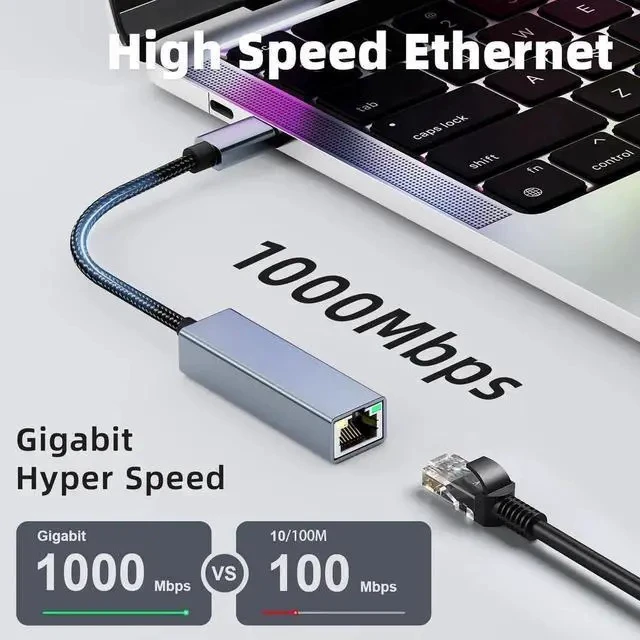 Alt view image 2 of 7 - Driver-Free USB-C to Gigabit Ethernet Adapter, Thunderbolt 3 & Thunderbolt 4 Compatible RJ45 LAN Network Dongle, Fit MacBook Pro 2018/2019/2020, iPad Pro, Dell XPS, Microsoft Surface