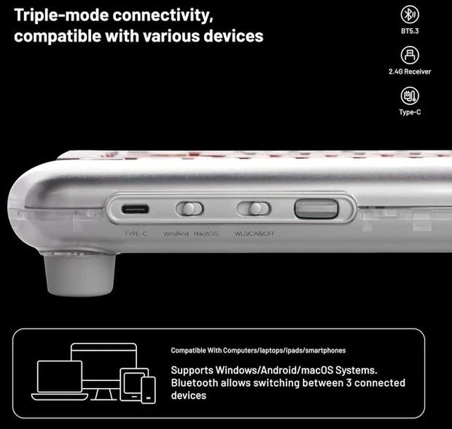 Alt view image 5 of 6 - DOT Lipstick Elegant 84 Keys Mechanical Keyboard, White Backlit Hot-Swappable Rechargeable Wireless Keyboard with Gasket Design, 3 Modes Connection for Windows, macOS/GATERON Linear Switches