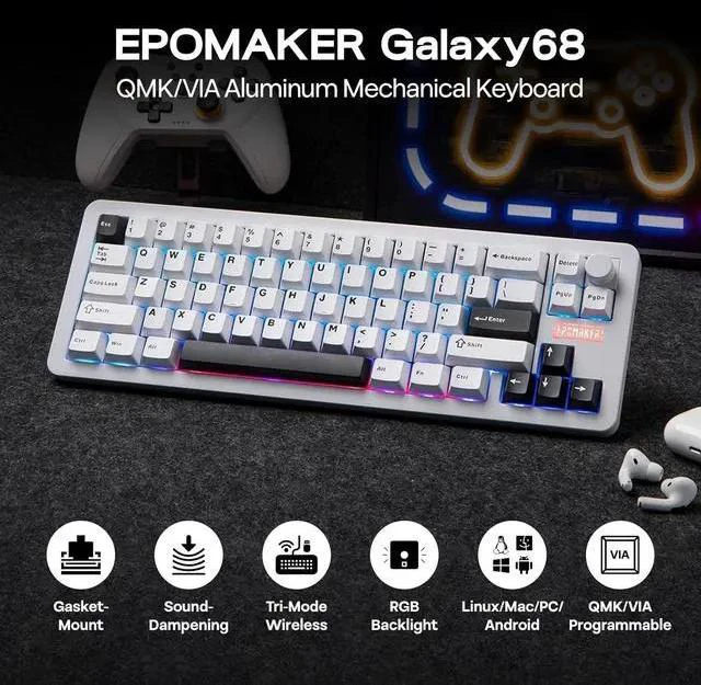 Main image of EPOMAKER Galaxy68 QMK/VIA Wireless Mechanical Keyboard, Anodized Aluminum, TOP/Gasket, 6000mAh, RGB Side/Backlight, 65% Gaming Keyboard with Hot-Swap Creamy Switch (White, Wisteria Linear Switch)