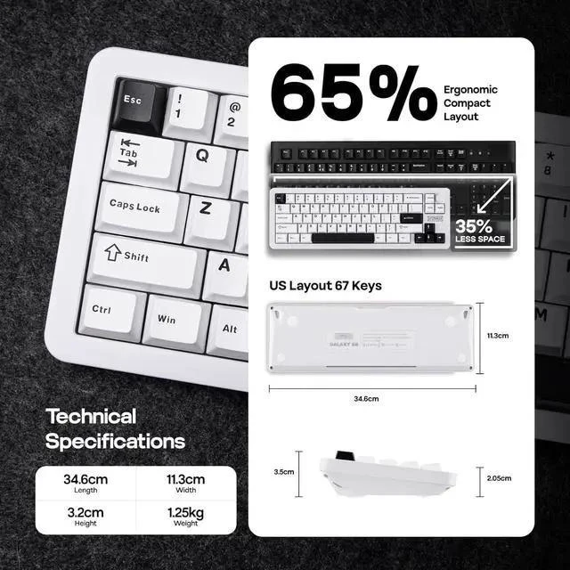Alt view image 4 of 6 - EPOMAKER Galaxy68 QMK/VIA Wireless Mechanical Keyboard, Anodized Aluminum, TOP/Gasket, 6000mAh, RGB Side/Backlight, 65% Gaming Keyboard with Hot-Swap Creamy Switch (White, Wisteria Linear Switch)