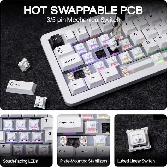 Alt view image 6 of 6 - EPOMAKER Galaxy68 QMK/VIA Wireless Mechanical Keyboard, Anodized Aluminum, TOP/Gasket, 6000mAh, RGB Side/Backlight, 65% Gaming Keyboard with Hot-Swap Creamy Switch (White, Wisteria Linear Switch)