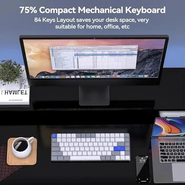 Alt view image 2 of 5 - AUSDOM Wireless Bluetooth 75% Mechanical Keyboard: Compact Multi-Device Rechargeable Backlit Gaming Keyboard with 84-Key Layout, Low Profile Brown Switches for Windows/Mac/PC/Laptop