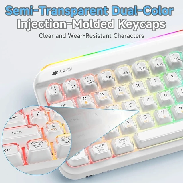 Alt view image 3 of 5 - AF68 Wireless Membrane Keyboard, 68% Layout 68-Key Gaming Keyboard, 2.4 GHz/Type-C/BT, RGB Lighting Effects with Integrated Side Light Bar, 4000mAh Battery, Translucent Keycaps