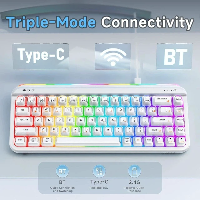 Alt view image 4 of 5 - AF68 Wireless Membrane Keyboard, 68% Layout 68-Key Gaming Keyboard, 2.4 GHz/Type-C/BT, RGB Lighting Effects with Integrated Side Light Bar, 4000mAh Battery, Translucent Keycaps