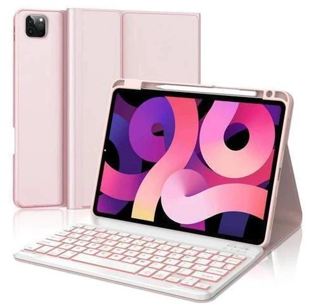 Main image of KVAGO Keyboard Case for iPad Air 11 inch (M2) 2024/ iPad Pro 11 inch 4th/ 3rd /2nd /1st Gen/iPad Air 10.9 inch 5th/4th Gen, 7 Colors Backlit Bluetooth Keyboard, Folio Cover with Pencil Holder, Pink
