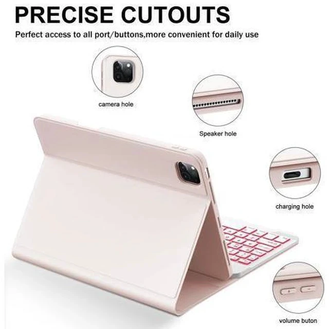 Alt view image 5 of 5 - KVAGO Keyboard Case for iPad Air 11 inch (M2) 2024/ iPad Pro 11 inch 4th/ 3rd /2nd /1st Gen/iPad Air 10.9 inch 5th/4th Gen, 7 Colors Backlit Bluetooth Keyboard, Folio Cover with Pencil Holder, Pink