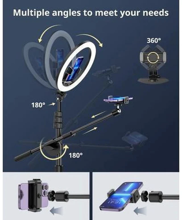 Alt view image 3 of 7 - 12 Selfie Ring Light with Stand and Overhead Phone Mount 62 Foldable Tripod for iPhone with Ringlight Phone Light for Video Recording Cooking Photography Live Streaming Tiktok YouTube