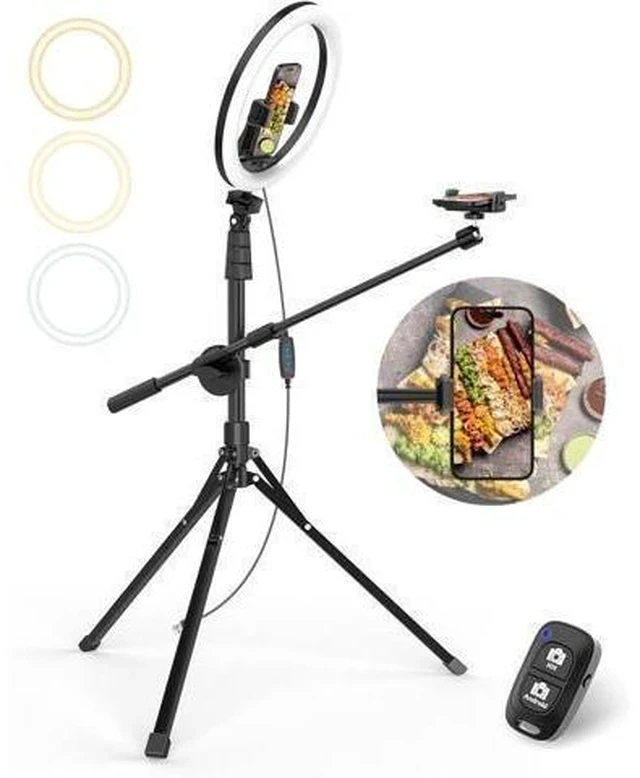 Alt view image 7 of 7 - 12 Selfie Ring Light with Stand and Overhead Phone Mount 62 Foldable Tripod for iPhone with Ringlight Phone Light for Video Recording Cooking Photography Live Streaming Tiktok YouTube