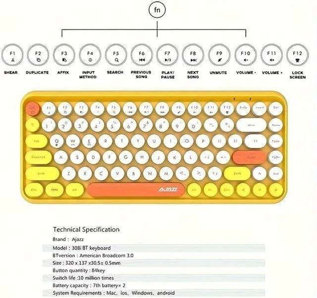 Main image of 84 Key Retro Bluetooth Keyboard with Cute Round Keycap | Portable Typewriter Style Wireless Keyboard for Children PC, Computer, Laptop, iPad, Android (Colorful-Yellow)