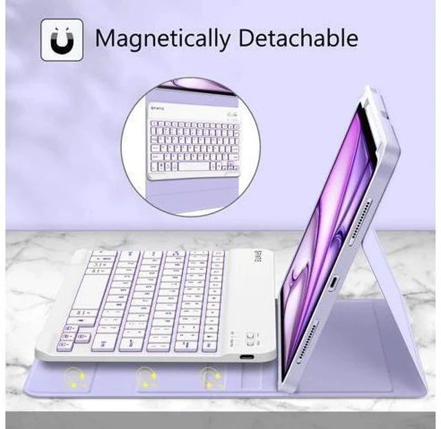Alt view image 3 of 5 - Fintie Keyboard Case for iPad Air 11-inch M2 (2024), iPad Air 5th Generation (2022) / iPad Air 4th Gen 10.9" - Soft TPU Back Cover w/Magnetically Detachable Bluetooth Keyboard, Backlight/Purple
