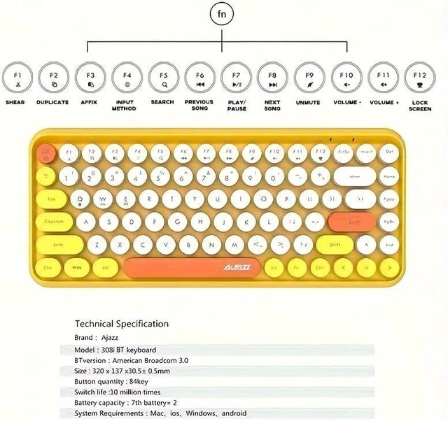 Alt view image 3 of 4 - 84 Key Retro Bluetooth Keyboard with Cute Round Keycap | Portable Typewriter Style Wireless Keyboard for Children PC, Computer, Laptop, iPad, Android (Colorful-Yellow)