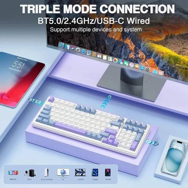 Alt view image 3 of 7 - Eyesoul F99 Wireless Mechanical Keyboard,Tri-Mode BT5.0/2.4GHz/USB-C Hot Swappable Custom Keyboard,Pre-lubed Linear Switches,Gasket Structure,RGB Backlit Gaming Keyboard for PC/Tablet/Xbox/PS4/PS5