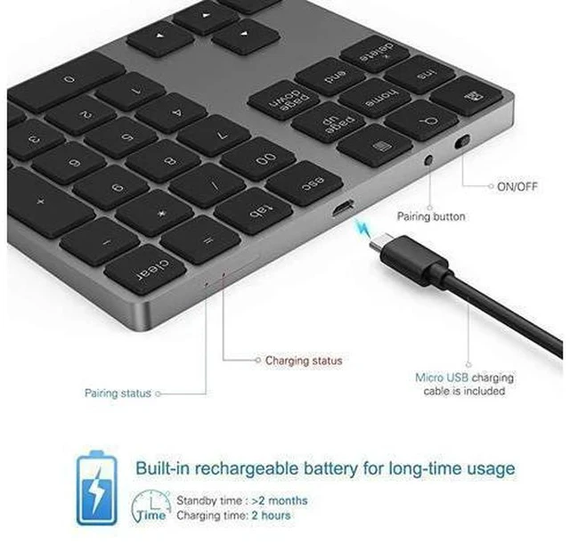 Alt view image 3 of 7 - Bluetooth Number Pad Aluminum Rechargeable Wireless Numeric Keypad Slim 34Keys External Numpad Keyboard Data Entry Compatible for Macbook MacBook AirPro iMac Windows Laptop Surface Pro etc