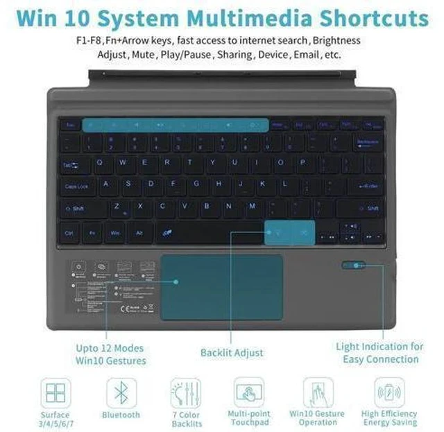 Alt view image 2 of 7 - Wireless Bluetooth Keyboard with Touchpad for Microsoft Surface Pro 3/4/5/6/7, Portable Replacement Keyboard Type Cover with 7 Color LED Backlit, Built-in 550mAh Lithium Battery