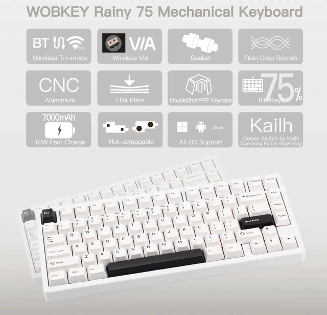 Alt view image 7 of 7 - KEEBMONKEY WOBKEY Rainy 75 CNC Aluminum HMX/JWK/Cocoa Switches Triple-Mode Connectivity Mechanical Keyboard with Superior Acoustics, RGB/FR4/Silver SUS304/7000mAh/Cocoa Switch (Pro - Luna)