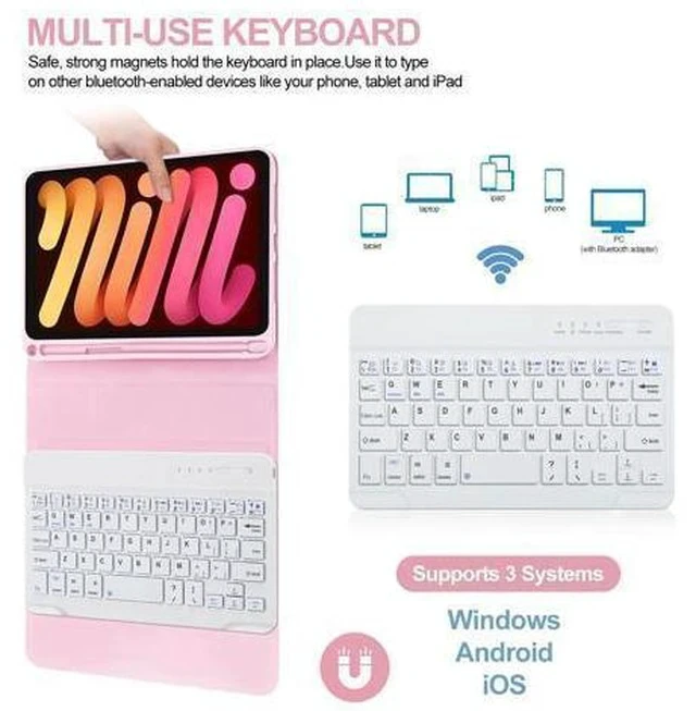 Alt view image 4 of 5 - iPad Mini 7th Gen Keyboard Case 2024,Boriyuan Detachable Bluetooth Keyboard Slim Folio Smart Cover with Build-in Pencil Holder for iPad Mini (A17 Pro) 7th Gen 2024 / iPad Mini 6th Gen 8.3 Inch, Pink