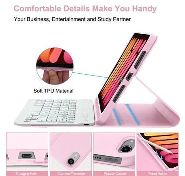 Alt view image 5 of 5 - iPad Mini 7th Gen Keyboard Case 2024,Boriyuan Detachable Bluetooth Keyboard Slim Folio Smart Cover with Build-in Pencil Holder for iPad Mini (A17 Pro) 7th Gen 2024 / iPad Mini 6th Gen 8.3 Inch, Pink