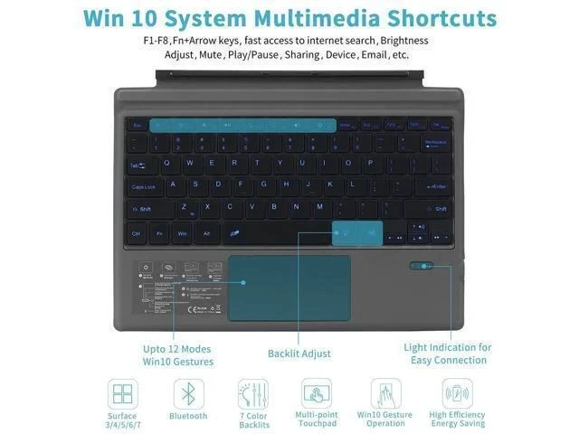 Alt view image 7 of 7 - Wireless Bluetooth Keyboard with Touchpad for Microsoft Surface Pro 3/4/5/6/7, Portable Replacement Keyboard Type Cover with 7 Color LED Backlit, Built-in 550mAh Lithium Battery