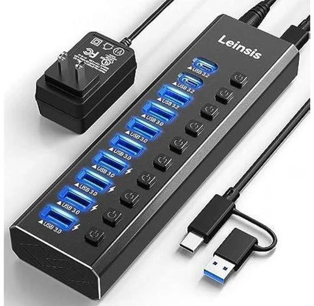 Main image of Powered USB Hub 3.2, LEINSIS 10-Port USB 3.2/USB C Hub (10Gbps USB-A 3.2 +2 USB-C 3.2 +7 USB 3.0 Ports) with Individual On/Off Switches and 12V Power Adapter, Aluminum USB Hub Powered for Laptop PC