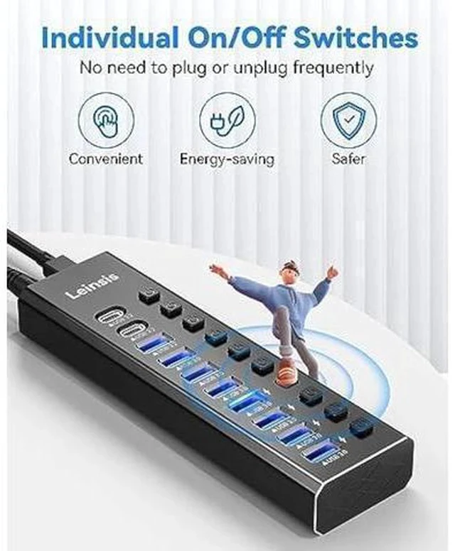 Alt view image 4 of 7 - Powered USB Hub 3.2, LEINSIS 10-Port USB 3.2/USB C Hub (10Gbps USB-A 3.2 +2 USB-C 3.2 +7 USB 3.0 Ports) with Individual On/Off Switches and 12V Power Adapter, Aluminum USB Hub Powered for Laptop PC