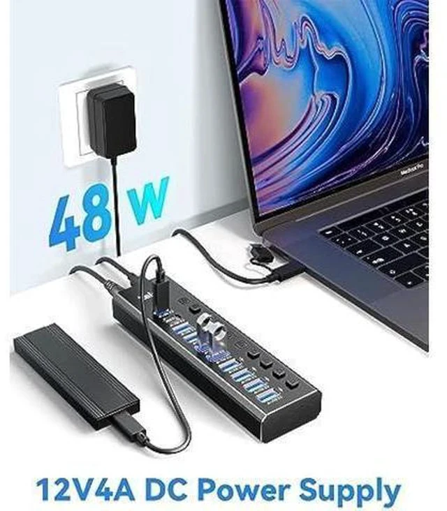 Alt view image 3 of 7 - Powered USB Hub 3.2, LEINSIS 10-Port USB 3.2/USB C Hub (10Gbps USB-A 3.2 +2 USB-C 3.2 +7 USB 3.0 Ports) with Individual On/Off Switches and 12V Power Adapter, Aluminum USB Hub Powered for Laptop PC