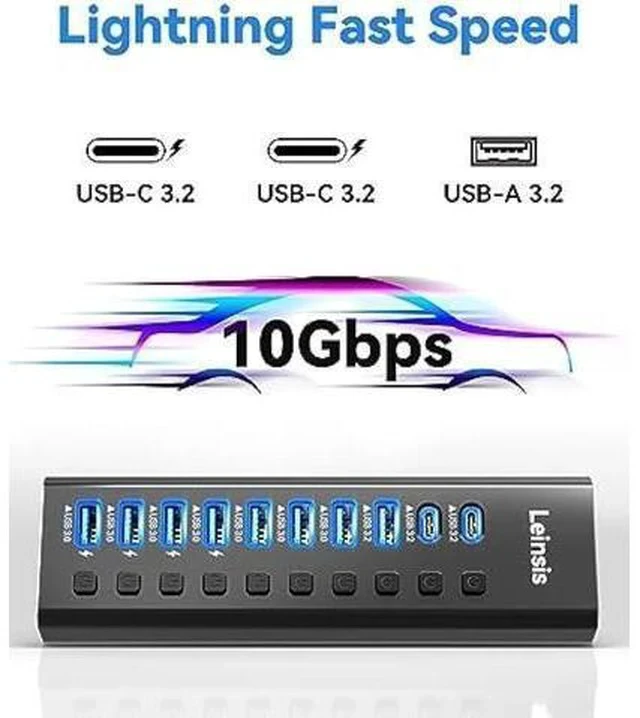 Alt view image 2 of 7 - Powered USB Hub 3.2, LEINSIS 10-Port USB 3.2/USB C Hub (10Gbps USB-A 3.2 +2 USB-C 3.2 +7 USB 3.0 Ports) with Individual On/Off Switches and 12V Power Adapter, Aluminum USB Hub Powered for Laptop PC