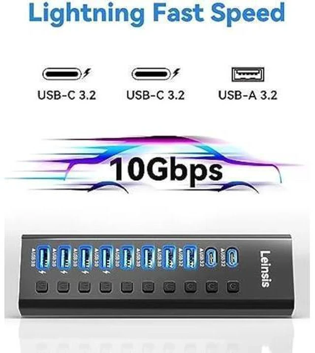 Alt view image 7 of 7 - Powered USB Hub 3.2, LEINSIS 10-Port USB 3.2/USB C Hub (10Gbps USB-A 3.2 +2 USB-C 3.2 +7 USB 3.0 Ports) with Individual On/Off Switches and 12V Power Adapter, Aluminum USB Hub Powered for Laptop PC