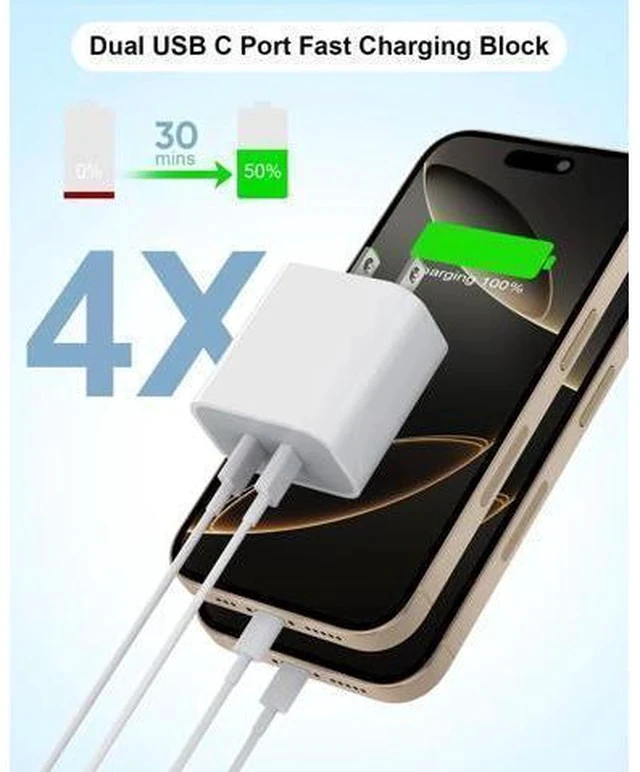 Alt view image 2 of 7 - iPhone 16 Charger,USB C Charger Fast Charging,2Pack Dual Type-C Port PD Charging Block iPhone 15 Adapter with 2Pack USBC to USBC Cable,Fast Charging for iPhone 16/16 Pro/15/15 Pro Max,iPad Pro