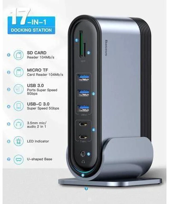 Alt view image 3 of 7 - Baseus 17-in-1 USB C Docking Station to Cast on 3 Monitors, 4K USB C Dock Laptop Docking Station with 100W PD USB-C Port, 4K HDMI*3, USB 3.0*5, LAN, SD/TF Cards Reader, Audio Port for Windows, Mac