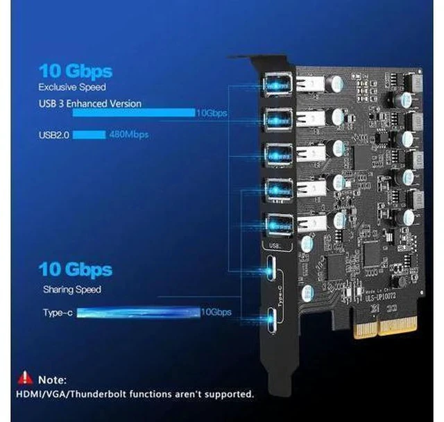 Alt view image 3 of 7 - PCIe USB 3.2/3.1 Gen 2 Card USB 7-Ports (2X USB C - 5 USB A) Expansion Card with 10 Gbps USB C PC Card Internal USB Port Cards for Windows 10/8/7 and Mac OS 10.8.2 Above