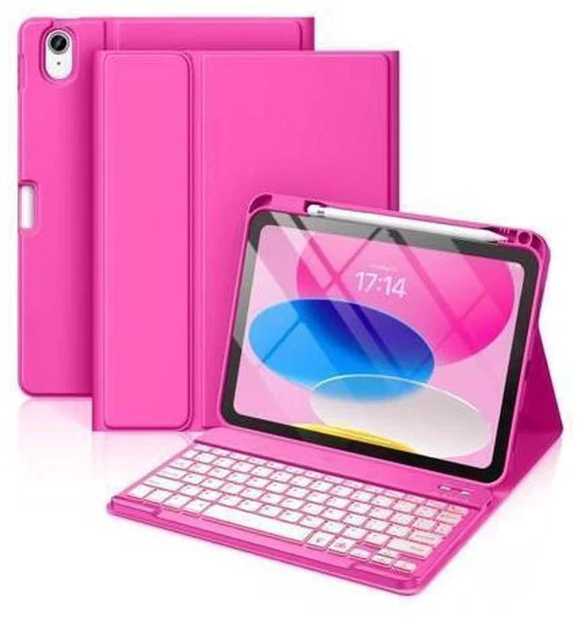 Main image of Hamile iPad 10th Generation Case with Keyboard 10.9 Inch - 7 Colors Backlit Wireless Detachable Folio Keyboard Cover with Pencil Holder for New iPad 10th Gen 2022 (Hot Pink)