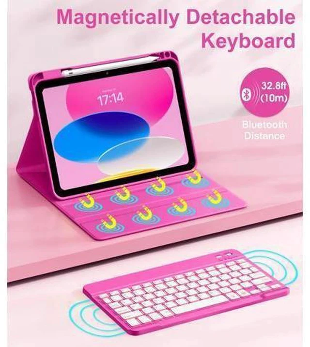 Alt view image 4 of 5 - Hamile iPad 10th Generation Case with Keyboard 10.9 Inch - 7 Colors Backlit Wireless Detachable Folio Keyboard Cover with Pencil Holder for New iPad 10th Gen 2022 (Hot Pink)