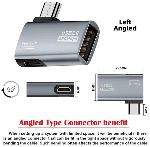 Alt view image 6 of 7 - USB 2.0 to Type-A Female OTG Host Adapter 90 Degree Left Angled with USB Power for Phone Tablet