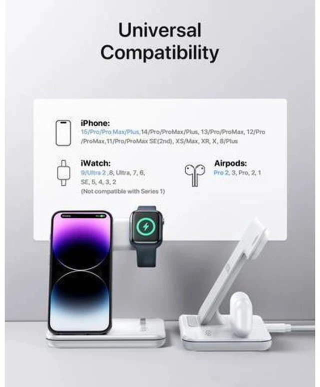 Alt view image 6 of 6 - Intoval Charging Station for Apple iPhone/iWatch/Airpods, 3 in 1 Wireless Charger for iPhone15/14/13(Pro, Pro Max) 12/11/XS/XR, iWatch9/8/Ultra/7/6/SE/5/4/3/2, Airpods Pro2/Pro1/3/2/1(Z5 White)